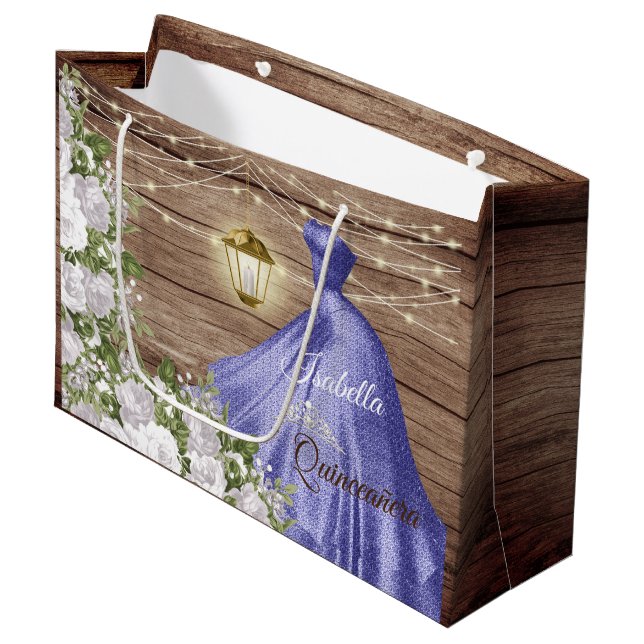 Quinceañera Holz und violette Blumen Große Geschenktüte (Vorderseite Schrägansicht)