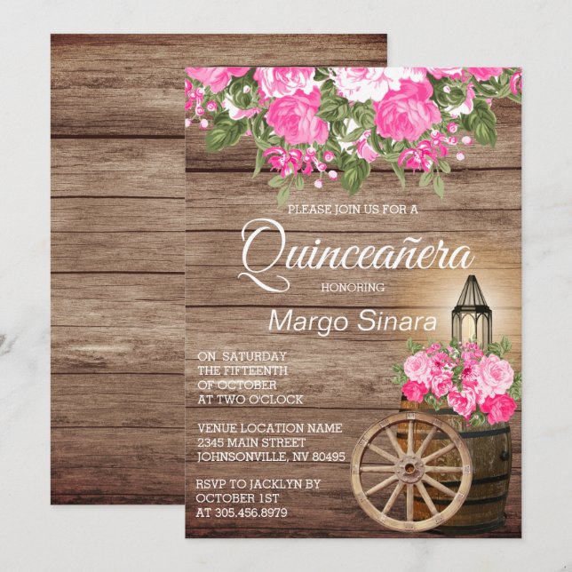 Quinceañera Holzfass und rosa Blume Einladung (Vorne/Hinten)