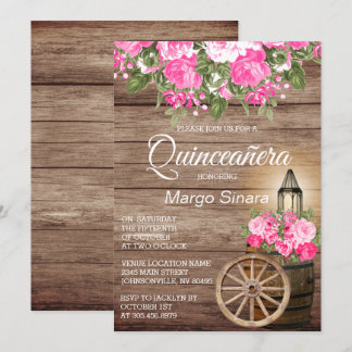 Quinceañera Holzfass und rosa Blume Einladung