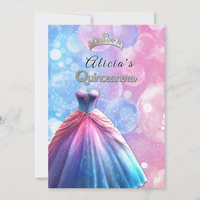 Quinceanera Hübsch Gown Crown Einladung (Vorderseite)