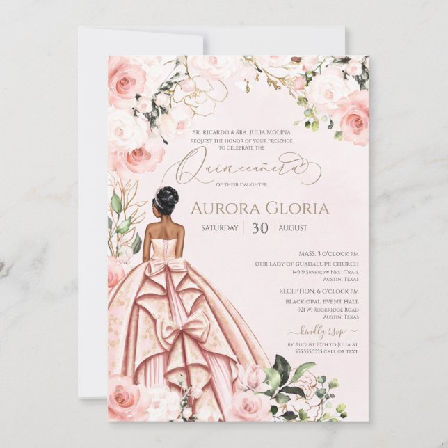 Quinceanera Hübsch Pink Schöne Rosa Rose 15. Einladung (Vorderseite)