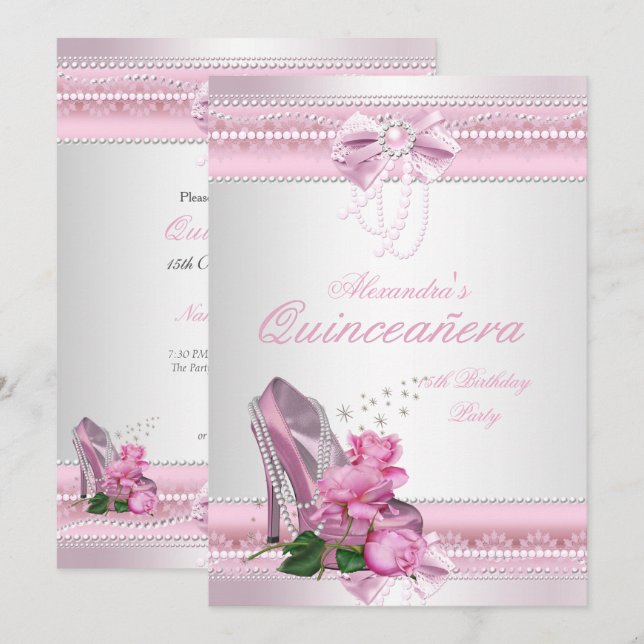 Quinceanera Hübsch Rosa Rose High Heel 2 Einladung (Vorne/Hinten)