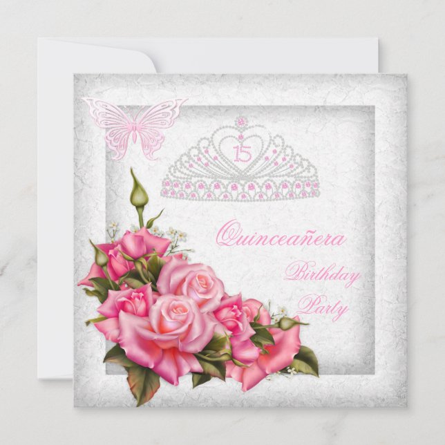 Quinceanera Hübsch Rosa Rosen Weiß 15. Party 2 Einladung (Vorderseite)