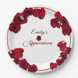 Quinceanera Hübsche Rote Rosen Diamonds Pappteller