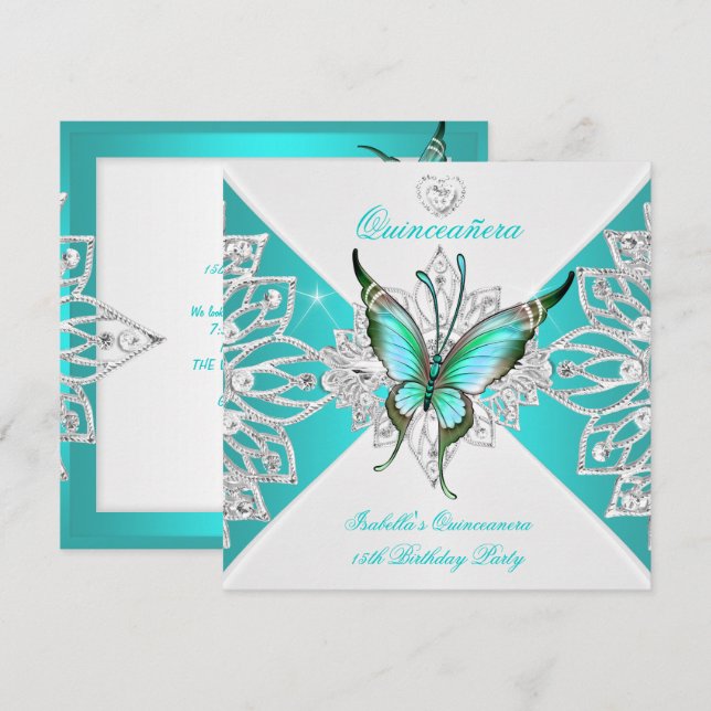 Quinceanera Hübscher Aquamariner Blauer Schmetterl Einladung (Vorne/Hinten)