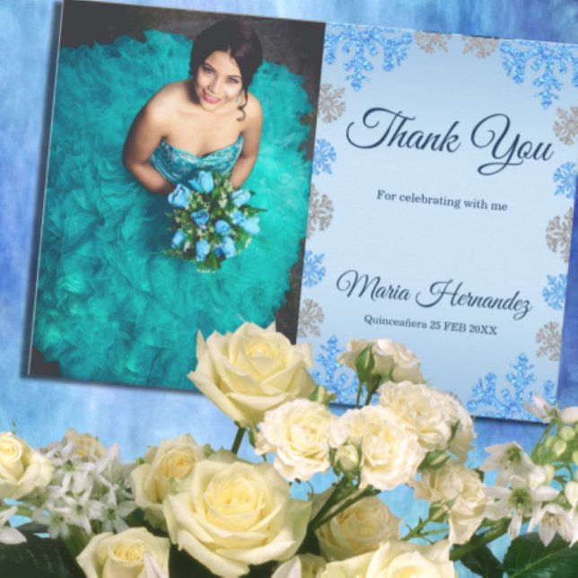 Quinceañera Ice Blue Silver Winter Schneeflocke Dankeskarte (Von Creator hochgeladen)