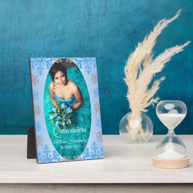 Quinceañera Ice Blue Silver Winter Schneeflocke Fotoplatte (Seite)