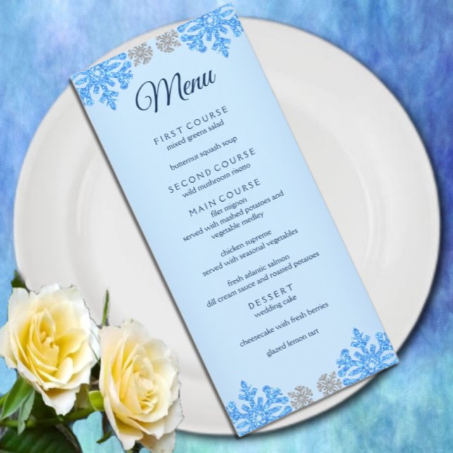 Quinceañera Ice Blue Silver Winter Schneeflocke Menükarte (Von Creator hochgeladen)