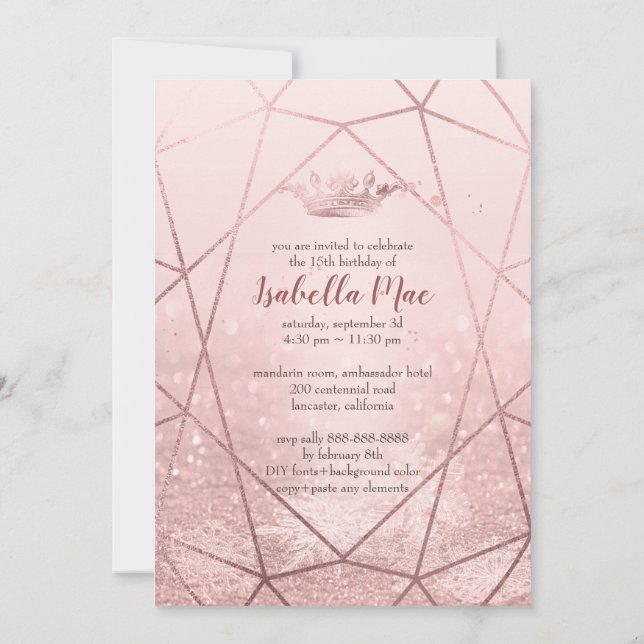 Quinceanera/Imitate Rose Gold Schneeflocken+Krone Einladung (Rückseite)