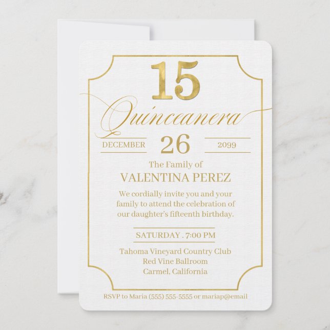 Quinceanera in Gold English Language mit Foto Einladung (Rückseite)