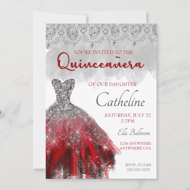 Quinceanera Invitation argent rouge 15e anniversai (Devant)