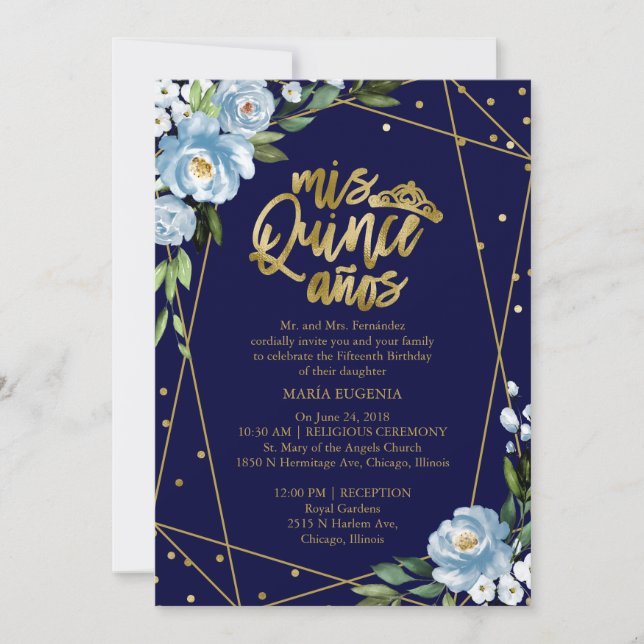 Quinceanera Invitation Bilingue Bleu foncé (Devant)