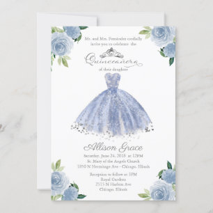 Quinceanera Invitation Bilingue Blue Blush Gown
