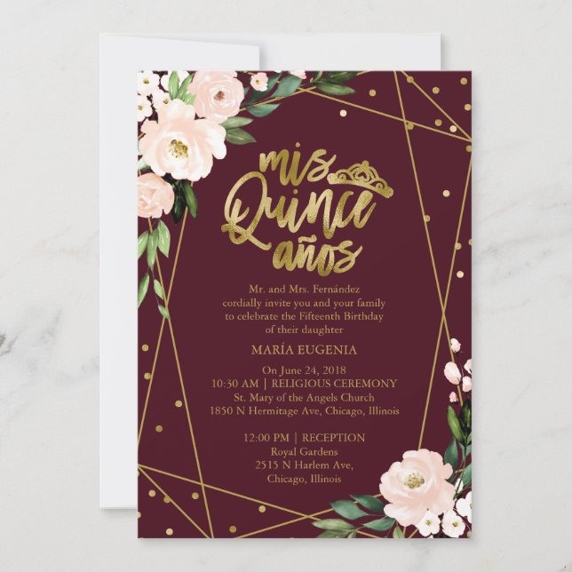 Quinceanera Invitation Bilingue Blush Bourgogne (Devant)