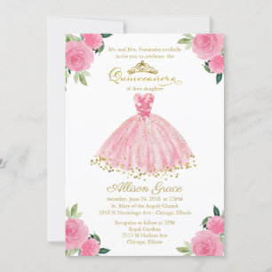 Quinceanera Invitation Bilingue Hot Pink Gown