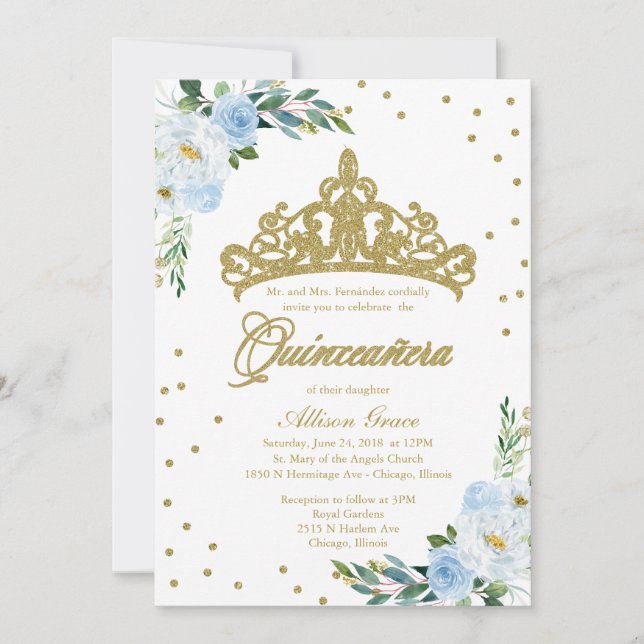 Quinceanera Invitation Bilingue Tiara Baby Blue (Devant)