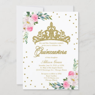 Quinceanera Invitation Bilingue Tiara Hot Pink