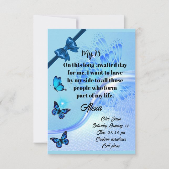 Quinceanera invitation digital butterfly blue einladung (Vorderseite)