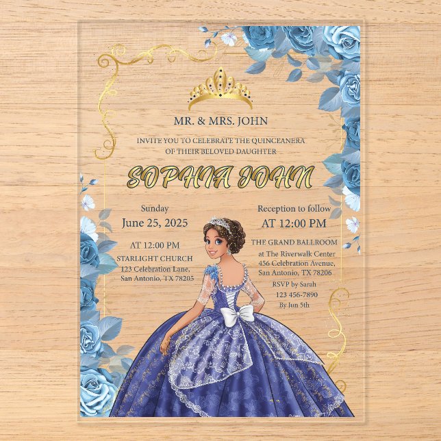 Quinceanera Invitation Emerald Blue robe Acrylique (Recto)