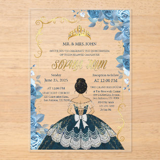 Quinceanera Invitation Emerald Blue robe Acrylique