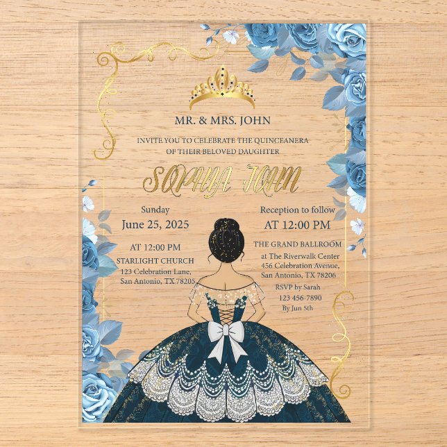 Quinceanera Invitation Emerald Blue robe Acrylique (Recto)