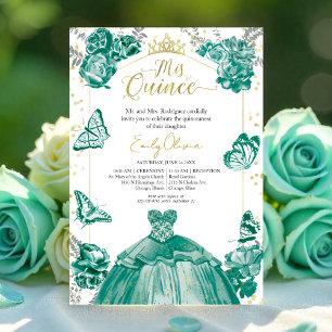 Quinceanera Invitation Emerald Green Robe Florale