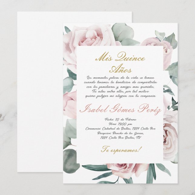 Quinceanera invitation en espagnol (Devant / Derrière)