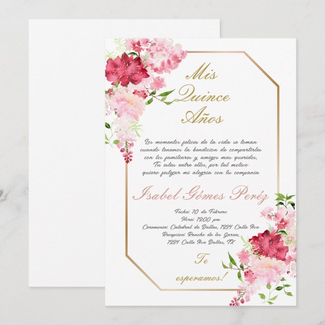 Quinceanera invitation en espagnol (Devant / Derrière)