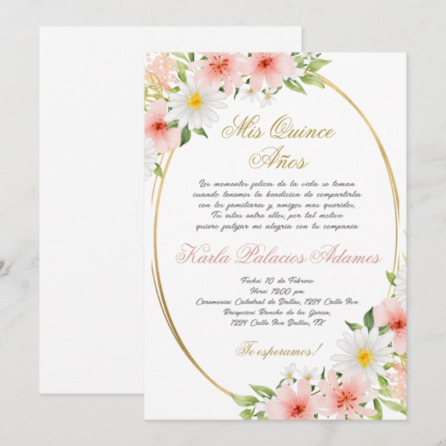 Quinceanera invitation en espagnol (Devant / Derrière)