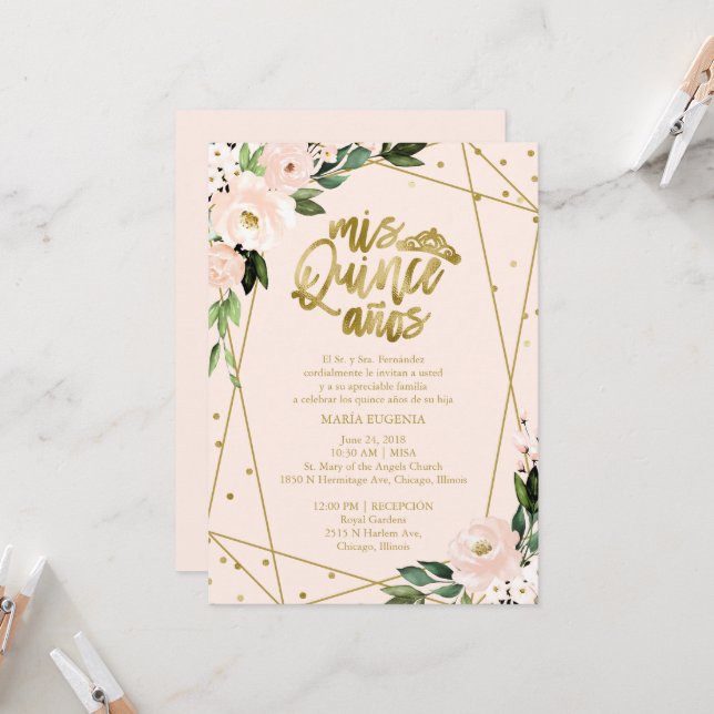 Quinceanera Invitation Espagnol Blush Gold Foil (Devant/Arrière en situation)