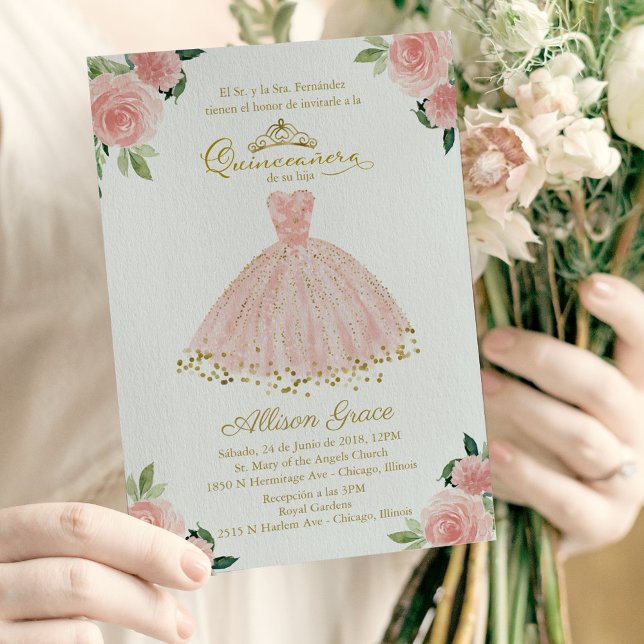 Quinceanera Invitation Espagnol Blush Gown Floral (Créateur téléchargé)