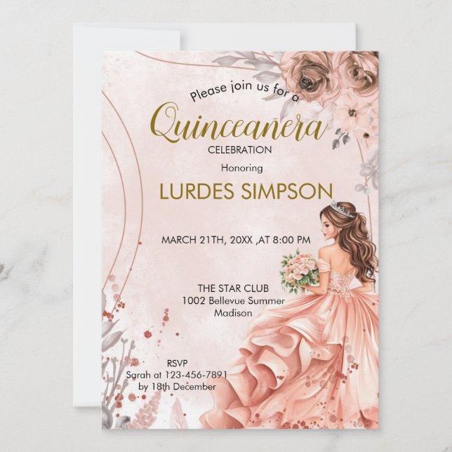  Quinceañera invitation Floral Rose (Devant)