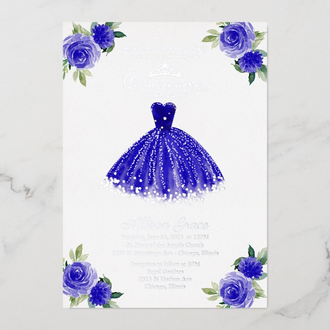 Quinceanera Invitation Floral Royal Blue Gown (Recto)