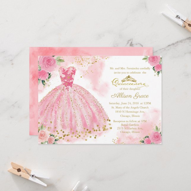 Quinceanera Invitation Gold Foil Hot rose Gown (Devant/Arrière en situation)