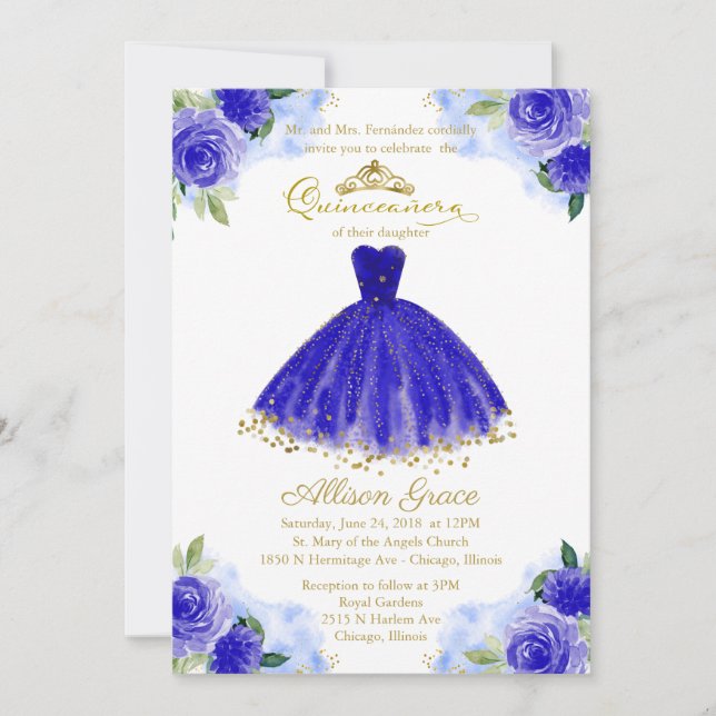 Quinceanera Invitation Gold Foil Robe Bleue Royale (Devant)