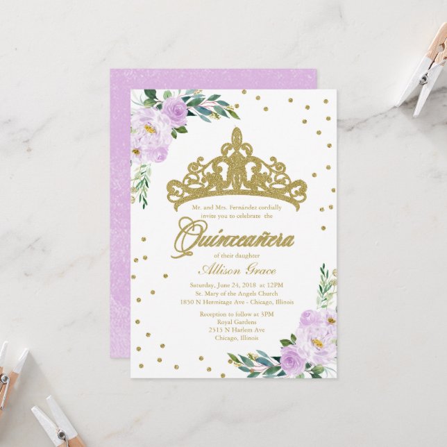 Quinceanera Invitation Or Tiara Lilac Fleurs (Devant/Arrière en situation)