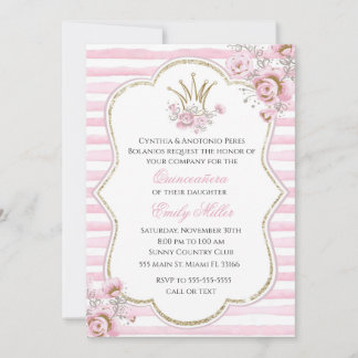 Quinceañera invitation princess floral pink gold einladung