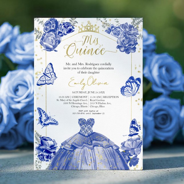 Quinceanera Invitation Robe Bleue Royale Floral (Créateur téléchargé)