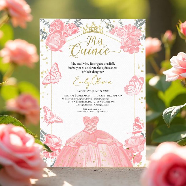 Quinceanera Invitation Robe Rose Robe Floral Or Hu (Créateur téléchargé)