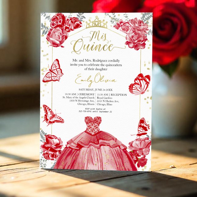 Quinceanera Invitation Robe rouge Floral Or huile (Créateur téléchargé)