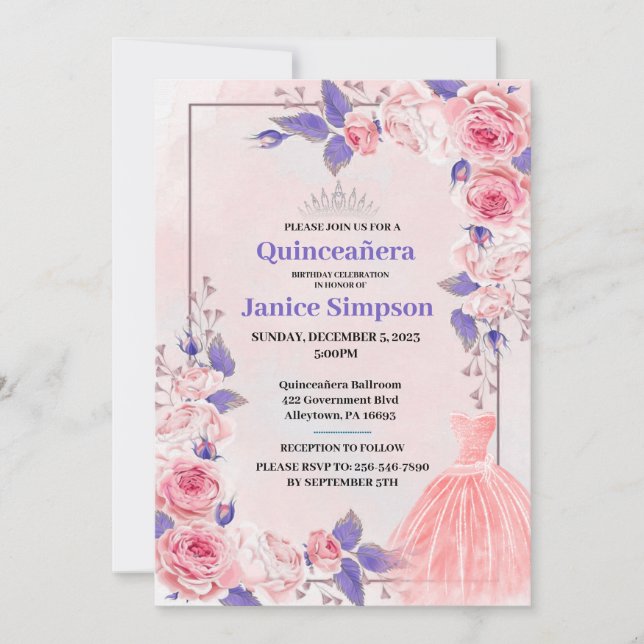 Quinceañera invitation rose rose et violet (Devant)