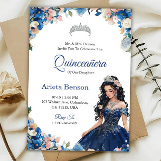 Quinceañera invitation with blue floral accents