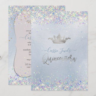 Quinceanera Iridescent Confetti+Princess Crown Einladung
