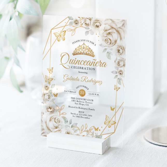 Quinceanera Ivory  Gold Cream Floral Acryleinladungen (Von Creator hochgeladen)