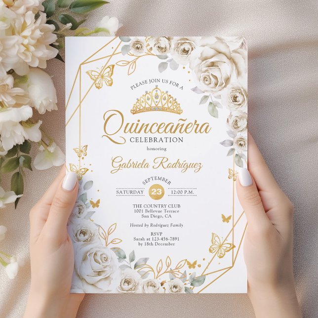 Quinceanera Ivory Gold Creme Einladung (Von Creator hochgeladen)