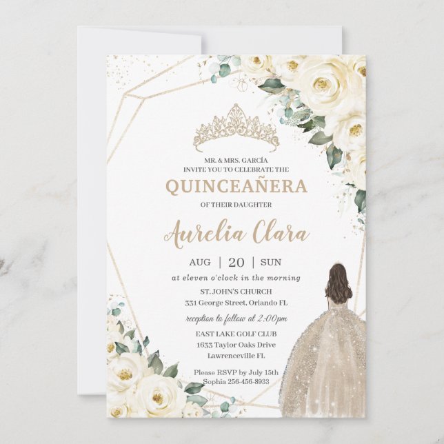 Quinceañera Ivory White Floral Champagne Dress Einladung (Vorderseite)