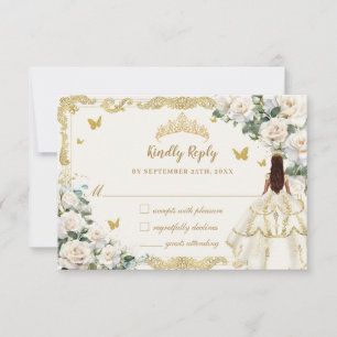 Quinceañera Ivory White Floral Dress Princess Gold RSVP Karte