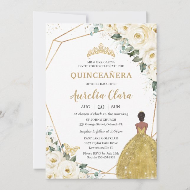 Quinceañera Ivory White Floral Gold Brown Princess Einladung (Vorderseite)