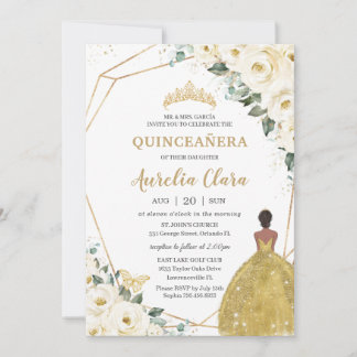 Quinceañera Ivory White Floral Gold Brown Princess Einladung