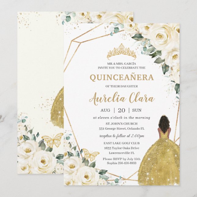 Quinceañera Ivory White Floral Gold Brown Princess Einladung (Vorne/Hinten)